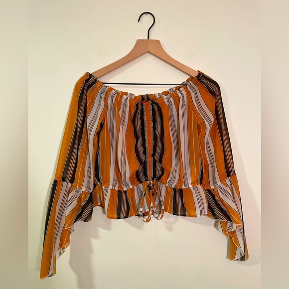GUESS Off The Shoulder, Sheer Boho Blouse With Bell Sleeve, Size L - Picture 1 of 7